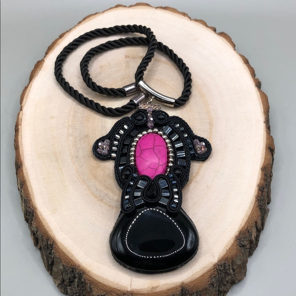 Soutache corded braid handmade stone statement style leather pendant boho whimsy